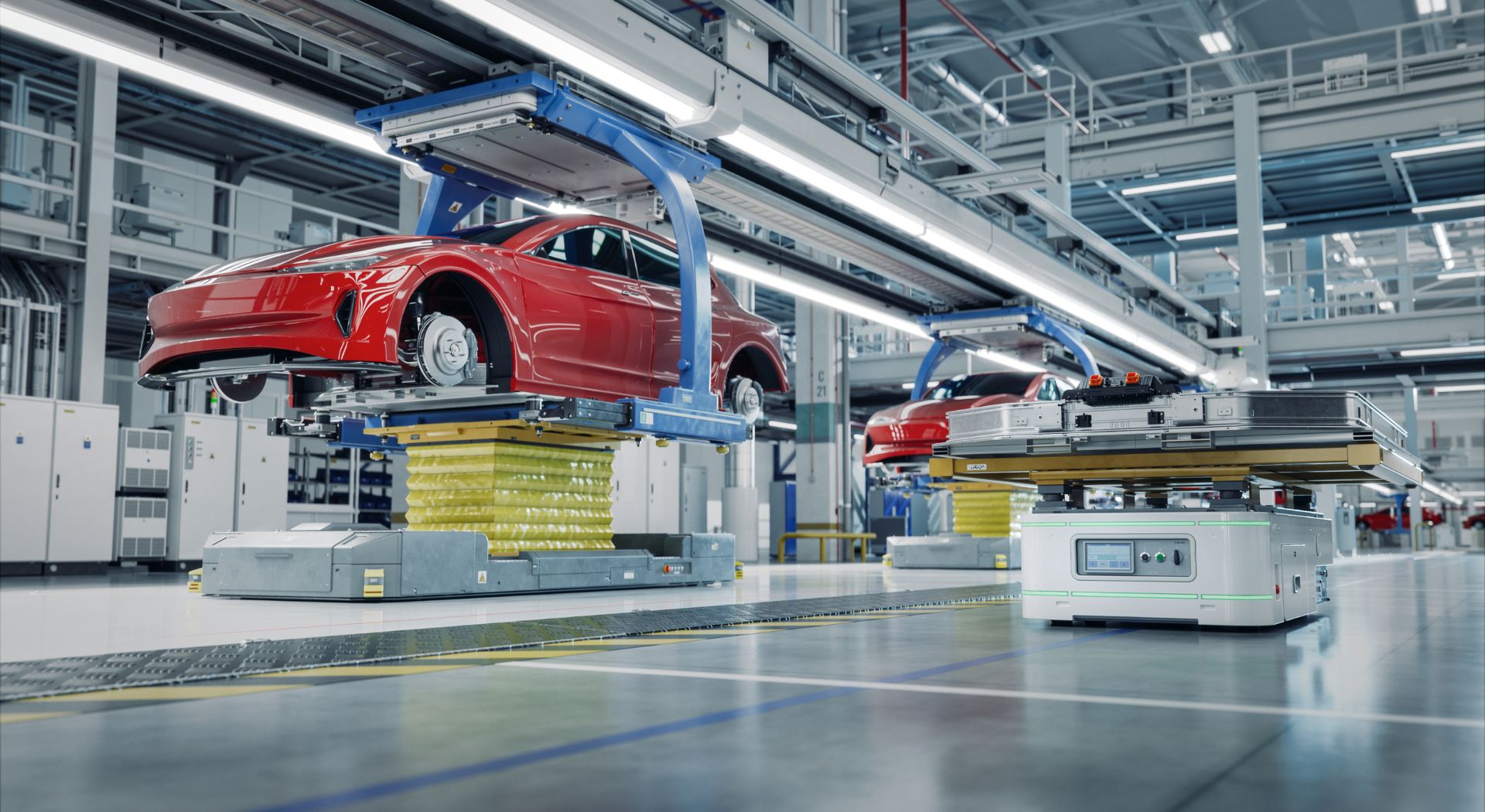 Automobilfertigung mit Fahrzeugen in einer modernen Produktionshalle als Symbol für OT-Security, Industrie 4.0 und IT-Sicherheit in der Fertigung.