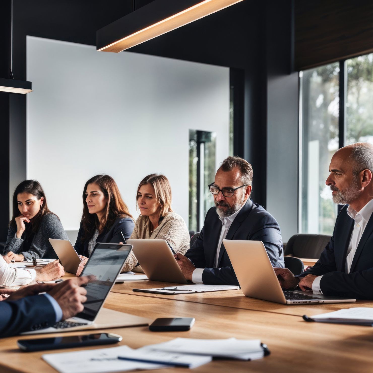 Beratungsteam bespricht in einem Meeting Datenschutzmaßnahmen und Compliance Anforderungen für Unternehmen.