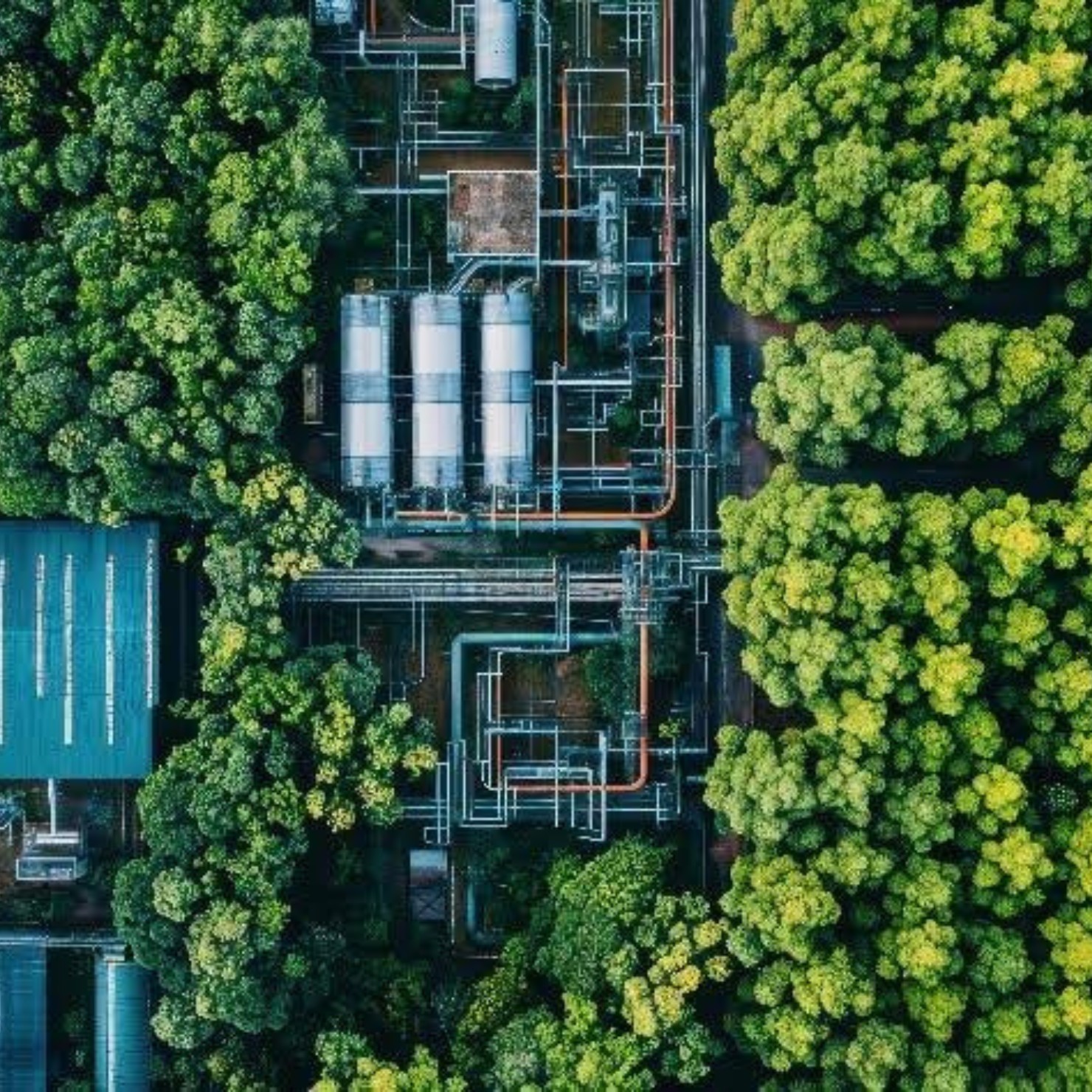 Energieinfrastruktur eines Stadtwerks mit Rohrleitungen und Anlagen, dargestellt als Symbol für IT-Sicherheit und KRITIS-Cyber-Resilienz.