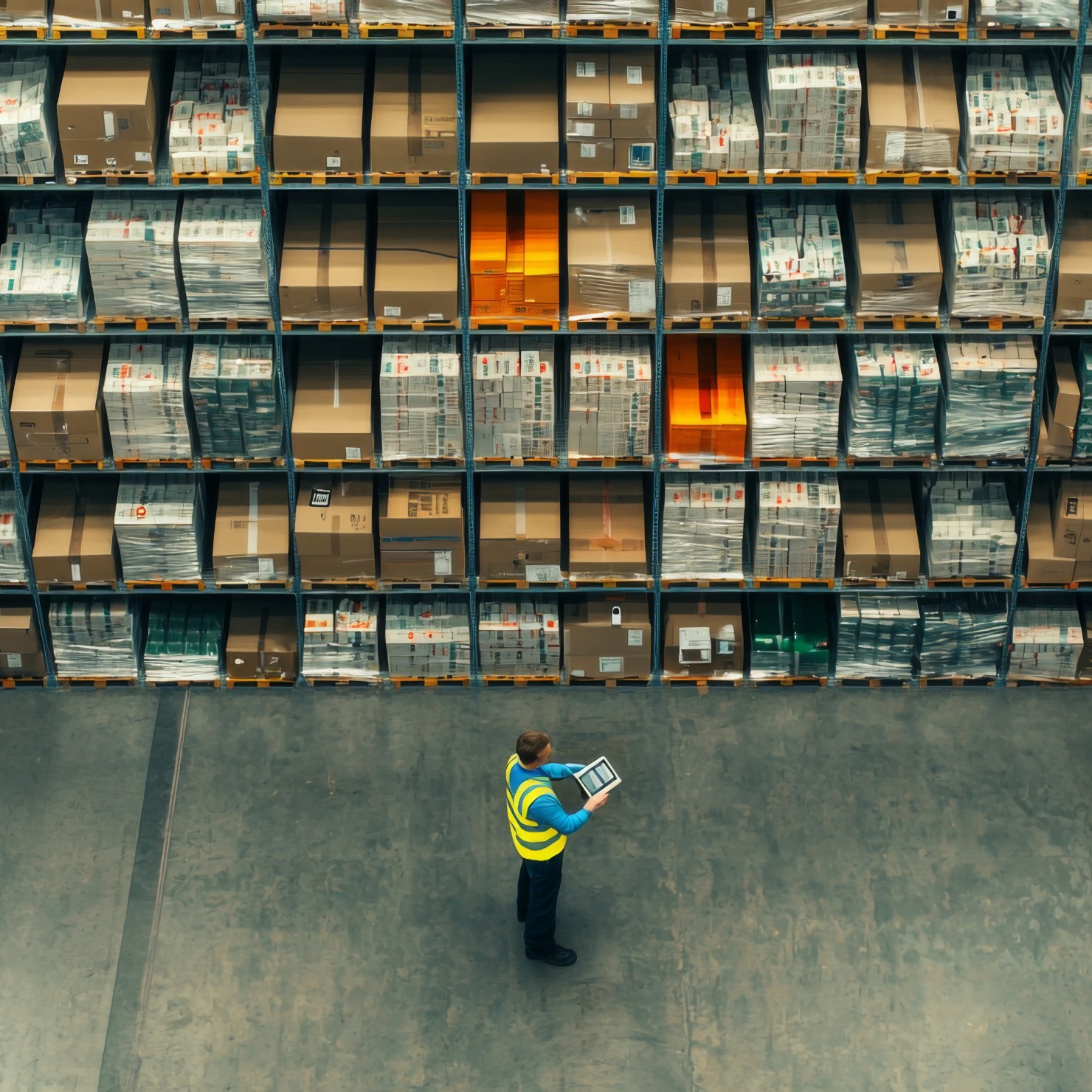 Logistikmitarbeiter im Lager mit Tablet als Symbol für IT-Sicherheitsaudit, Pentest und Schutz vor Social Engineering.