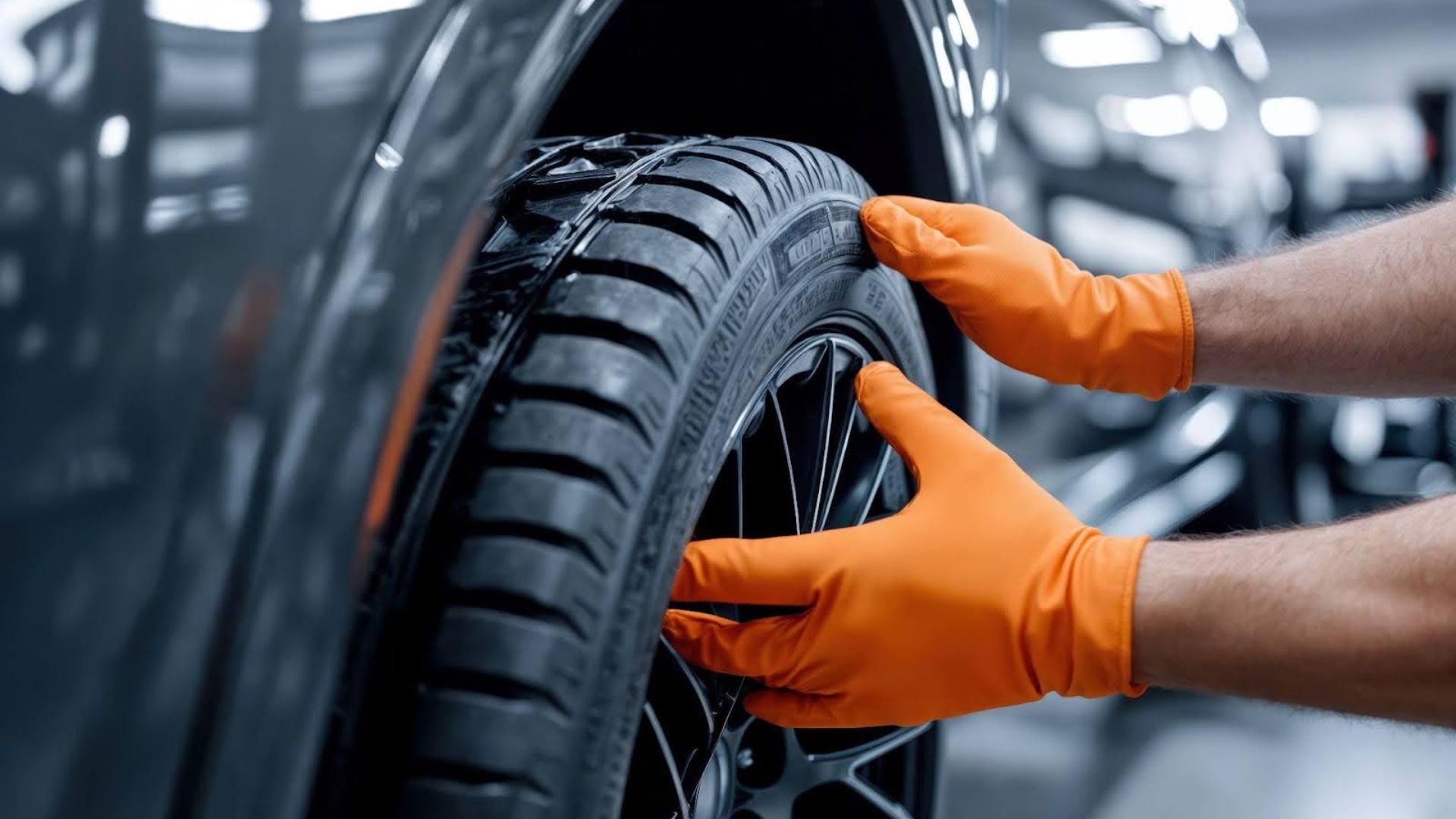 Ein Techniker mit orangefarbenen Handschuhen prüft in der Werkstatt das Rad eines Fahrzeugs.