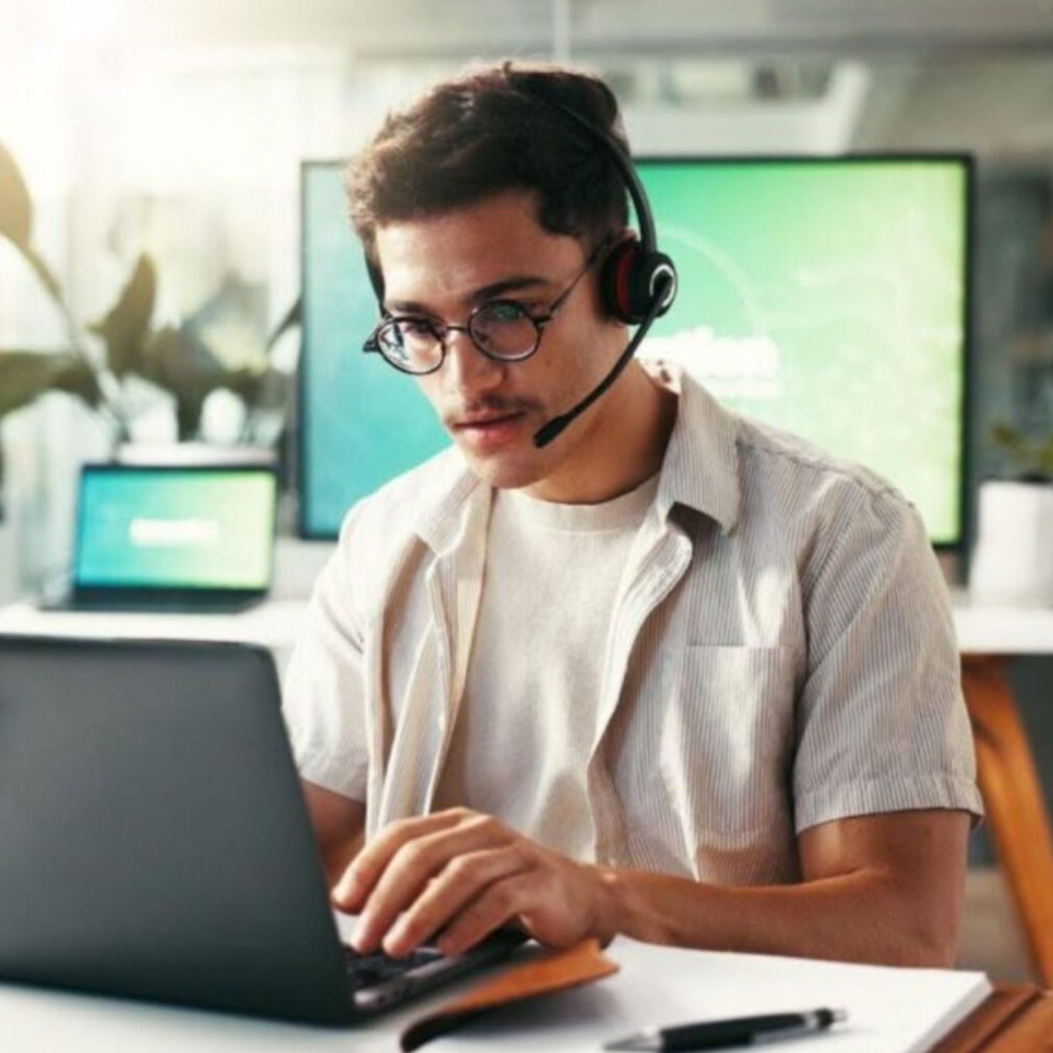 Junger IT-Sicherheitsexperte mit Headset arbeitet konzentriert an einem Laptop in einer modernen Büroumgebung.