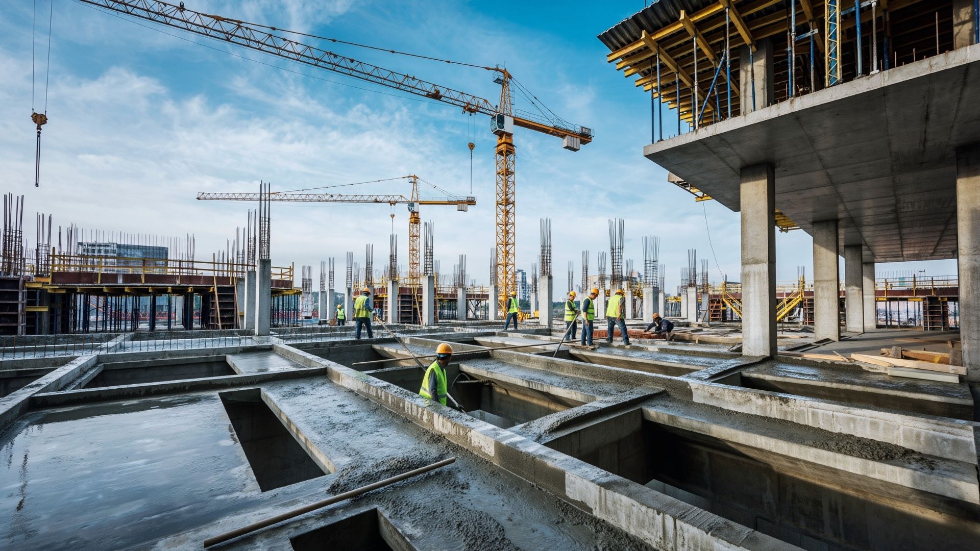 Große Baustelle mit mehreren Mitarbeitenden, Kränen und Betonarbeiten als Symbol für strukturierte Prozesse, Zusammenarbeit und Sicherheitsbewusstsein im operativen Unternehmensalltag